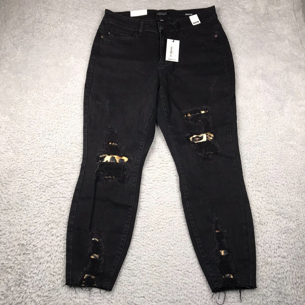 Judy Blue Skinny Jeans Womens 14W (34x26) Black Distressed Leopard Lined NEW NWT